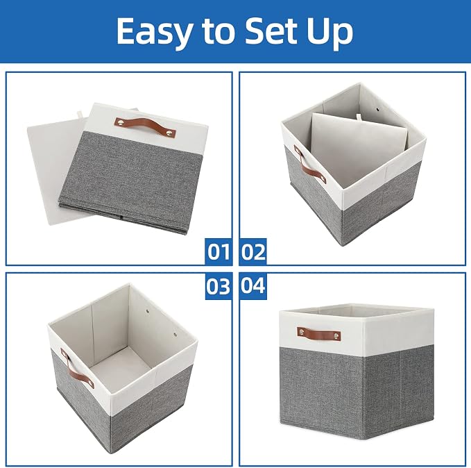 Temary Storage Cubes 12x12 Fabric Cube Storage Bins Foldable Storage Baskets with Handles, Decorative Storage Boxes for Organizing, Home, Office, Nursery, Shelf, Closet (White & Grey, 12 x 12 x 12)