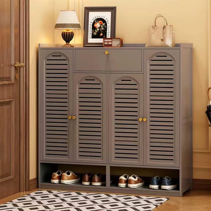 Shoe Cabinet with Louvered Doors, Freestanding Entryway Shoe Storage Cabinet with Drawer & Open Compartment, Modern Bamboo Shoe Rack Organizer with Shelves for Closet (Grey)