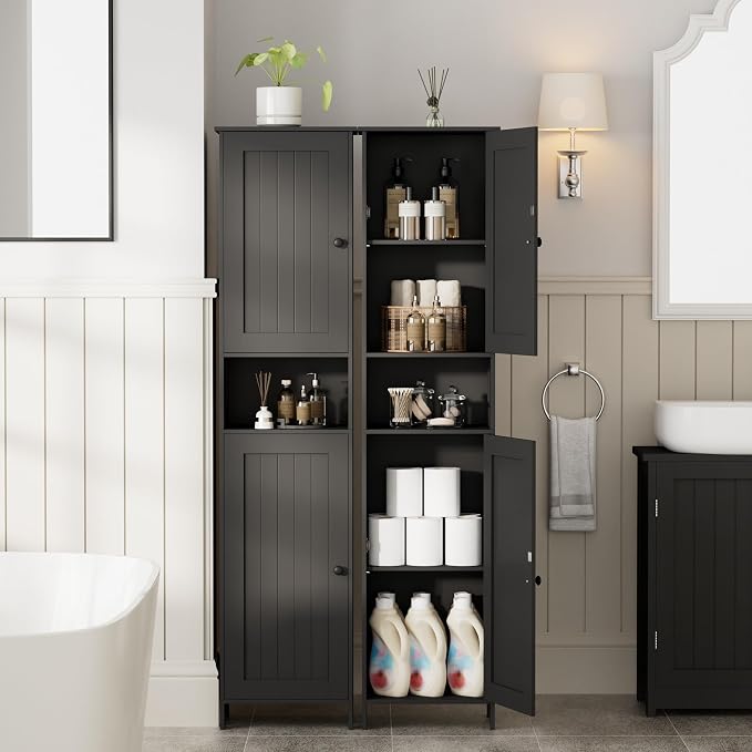 Homleke Tall Bathroom Storage Cabinet with 2 Doors, Slim Bathroom Cabinet | Narrow Storage Cabinet with Adjustable Shelves, Anti-Tip Design, Reversible Door, Easy Assembly, Black, 15.7''W