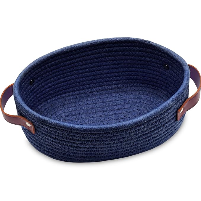 ABenkle Small Woven Basket with Handles, Mini Rope Storage Basket, Tiny Cute Shelf Baskets, Oval Decorative Toys Bin for Nursery, Living Room, Empty Gift Basket, 9.4" x 5.9" x 3.9" - XS