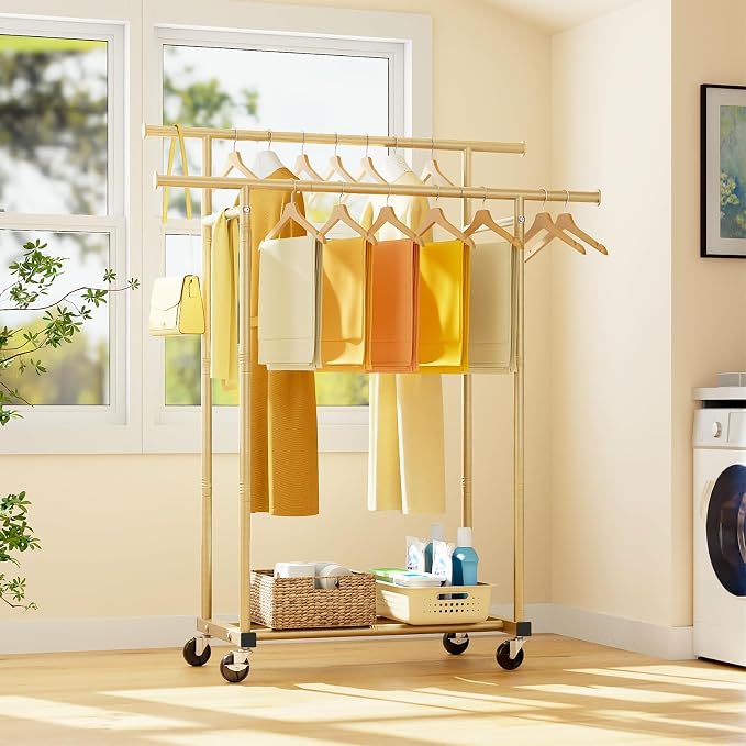 HYSEYY Double Rods Clothes Rack, Sturdy Rolling Clothing Rack, Portable Clothing Racks for Hanging Clothes - Metal Garment Rack Wardrobe Coat Rack for Bedroom Laundry Living Room, Light Gold