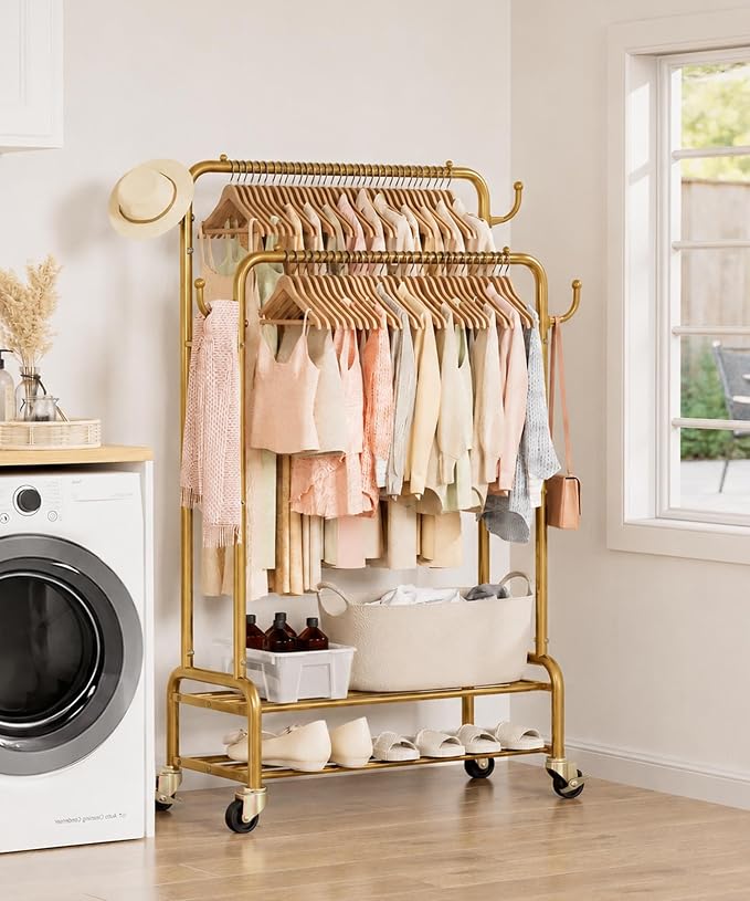 Homde Sturdy Garment Rack for Bedroom: 265 lbs Heavy Duty Clothes Organizer | 2 Hanging Rods Hold Coat to T-Shirt - Easy Roll & Park on Wheels - Metal Frame Stays Solid & Stable at Full Load