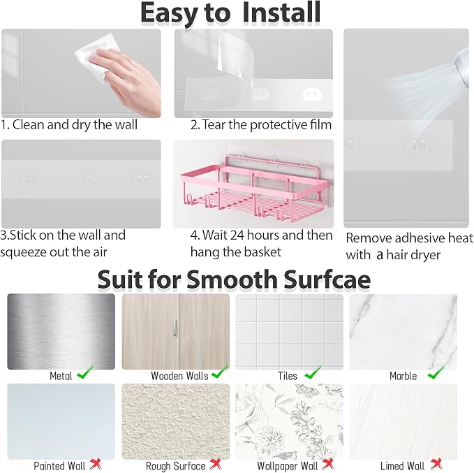 Liuoud 10 Pack Shower Caddy Organizer Rack Shelf for Inside Shower, Self Adhesive Wall Storage Basket Rustproof Stainless Steel Shampoo Holder Bathroom Accessory Decor Set, Pink