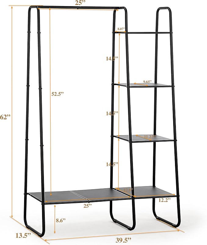 SunnyPoint Open Closet Garment Rack with 4-Tier Shelves & Bottom Storage Shelf, Freestanding Open Wardrobe Clothes Rack Organizer with Hanging Rod for Bedroom Closet, Clothing Rack with Shelves