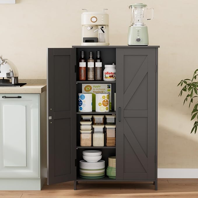 Homleke 43.3" H Farmhouse Bathroom Storage Cabinet with Adjustable Shelves | Freestanding Storage Cabinet with Barn Doors for Bathroom, Kitchen, Living Room, Dining Room & Entryway, Black