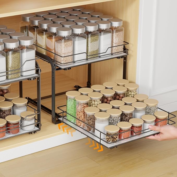 Pull Out Spice Rack Organizer for Cabinet, 2 Tier Spice Rack Organizer for Cabinet, Heavy Duty Slide Out Seasoning Kitchen Organizer, Hold 60 Spice Jar with Labels, 13.58''Wx10.5''Dx9.5''H, Black