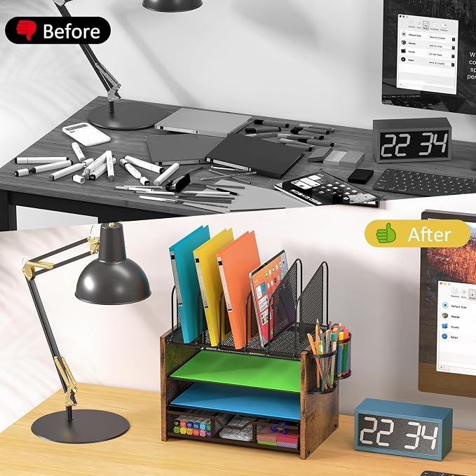 DAOUTIME 4-Tier Mesh Desk Organizer, Wooden Desk File Organizer with 5 Vertical File Holders and 2 Pen Holders, Desktop Organizers and Accessories with Drawer for Home Office