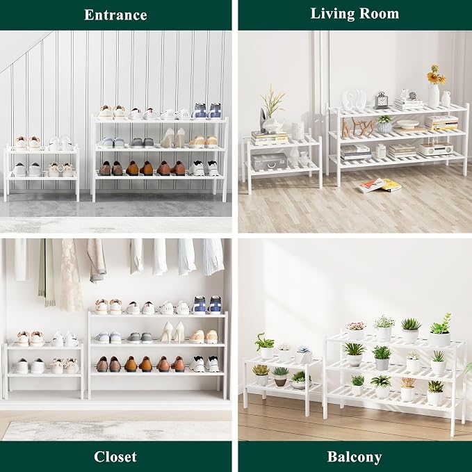 Smiry Bamboo Shoe Rack, 12 Vertical Slats, 2 Tier - 33.7" Wide, White | Stackable Free Standing Wooden Shoe Organizer, Wood Shoe Storage Shelf for Closet, Entryway