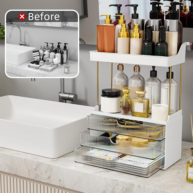 StorBin Arcylic 5-Tier Makeup & Skincare Organizer for Vanity, Bath, 2 Sets | Smooth 3 drawers, clear body, gold frame, non-slip, for perfumes, serums, face masks, palettes, vanity & bath counter,Clear