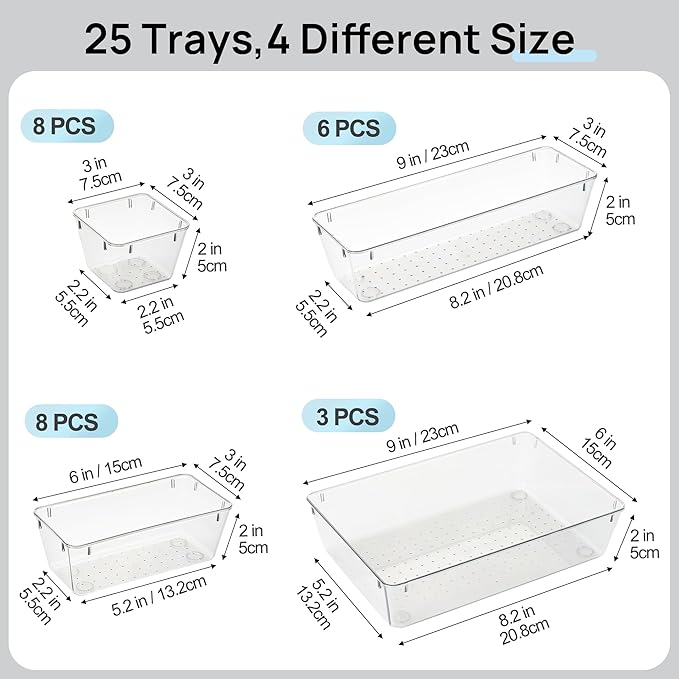 Vtopmart 25 Pack Plastic Drawer Organizers with Non-slip Rubber Pads | 4-Size Versatile Makeup Organizer, Storage Containers Small Bins for Makeup, Jewelries, Bedroom, Kitchen Utensils and Office