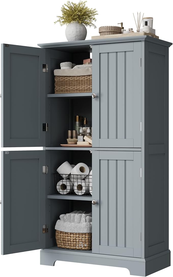 ChooChoo Bathroom Floor Cabinet with Adjustable Shelves | Bathroom Storage Cabinet, 4 Doors, Freestanding Cupboard for Living Room, Grey