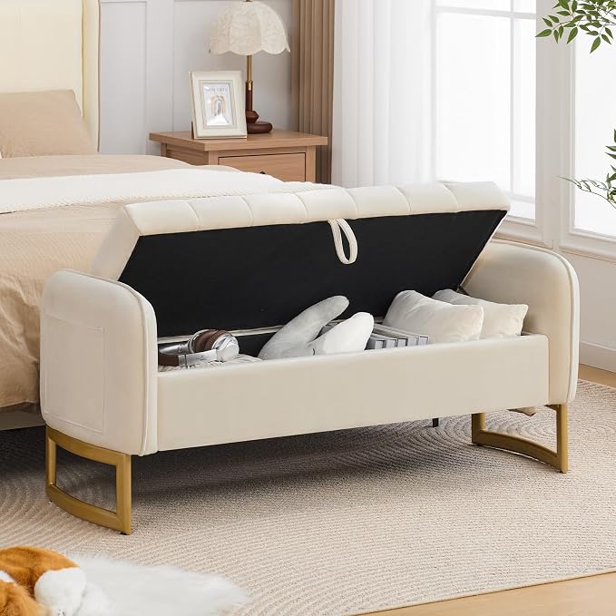 End of Bed Storage Bench, 51'' Velvet Storage Benches for Queen Size Bedroom Foot of Bed, Storage Ottoman Bench with Golden Legs and Pillow for Living Room Window Entryway, Cream
