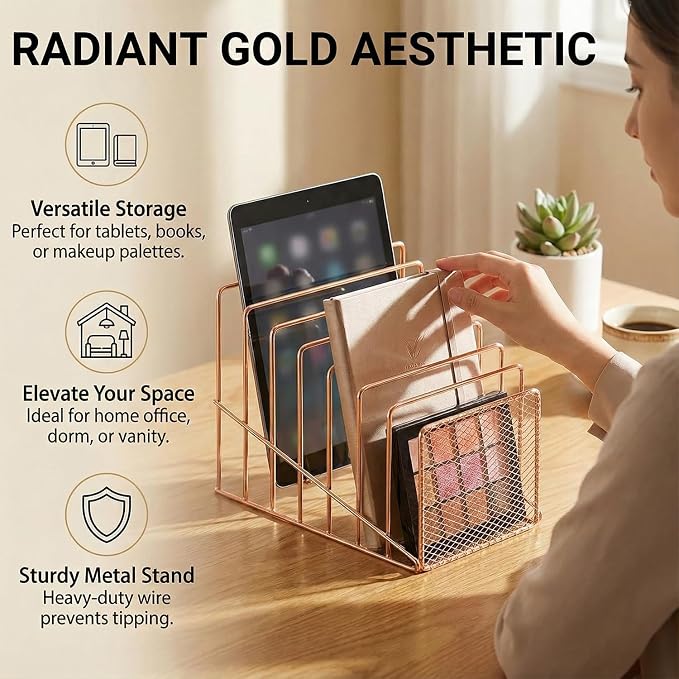 Rose Gold Desk Organizer 7 Slot Inclined Vertical File Folder Holder Sorter with Mesh Front – Metal Wire Rack for Mail, Slim Binders, Books Office Organization & Desktop Accessories