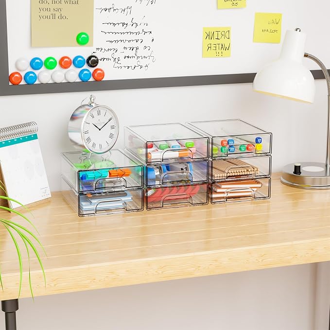 4 Pack Small Clear Stackable Storage Drawers,2.2'' Tall Desk Organization and Storage,Plastic Office Supply Organizer,Acrylic Storage Containers for Makeup,Hair Clip,Accessory,Pen,Art Crafts