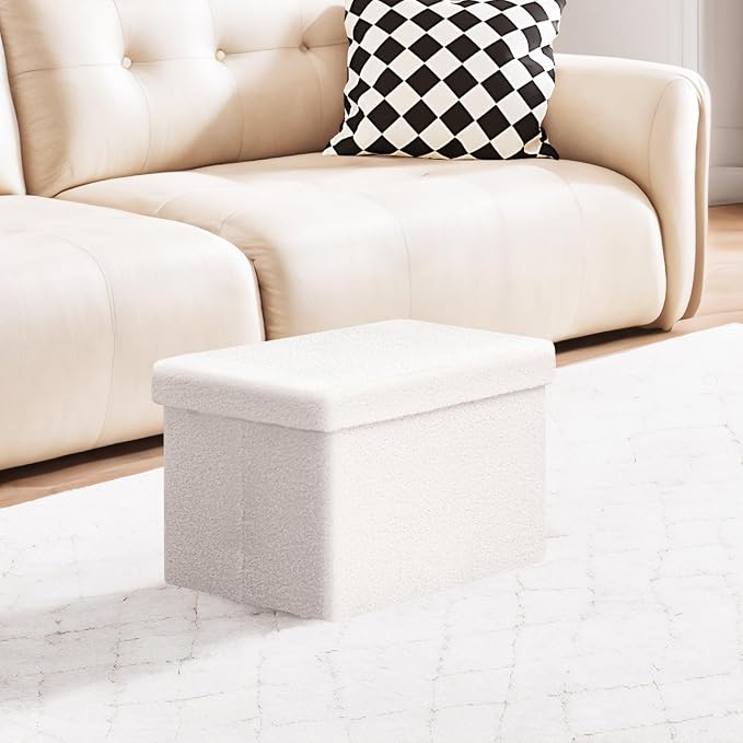 PINPLUS Storage Ottoman Cube Ottoman Foot Rest,Small Foldable Portable Boucle Upholstered Sherpa Ottomans, Faux Teddy Fur, White 16.5"x12.6"x12.6"