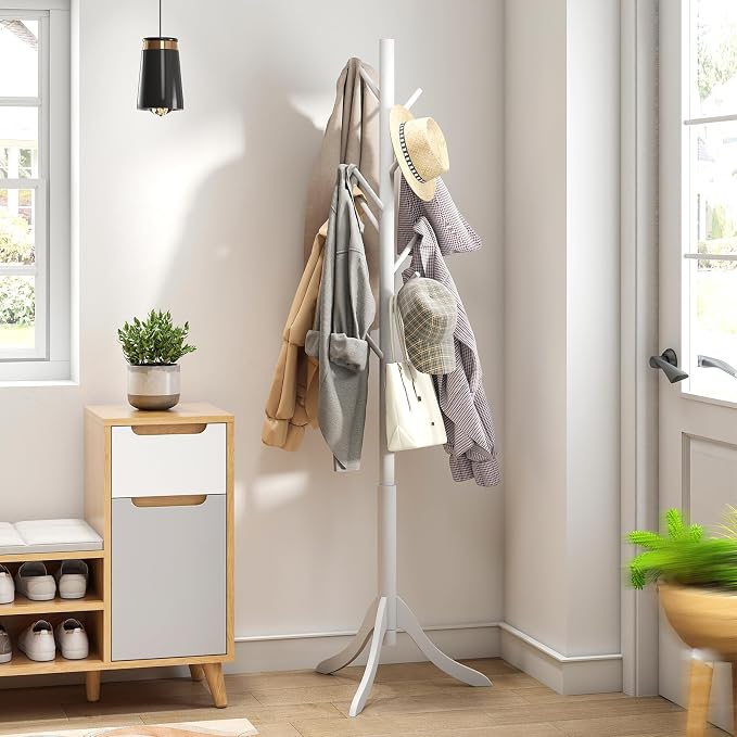 kiplant Coat Rack Stand with 8 Hooks, Adjustable Coat Standing Tree Easy Assembly for Coats, Hats, Scarves and Handbags for Entryway, Hallway, Bedroom, Office (Bamboo, White)