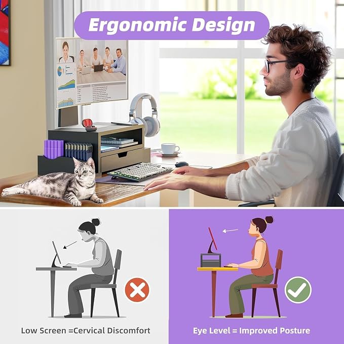 Simple Trending Wood Monitor Stand Riser, Desktop Oraganizer, Black | Desk Organizer and Accessories, Laptop & Printer Stand, Drawer & Pen Holder, for Home Office, 20.25"W x 9.25"D x 5.5"H