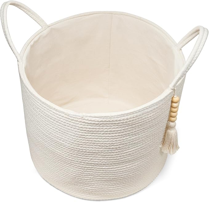 Mkono Tall Laundry Basket Woven Decorative Rope Storage Basket Wooden Bead Decoration for Blankets Toys Clothes Shoes Organizer Bin with Handles Living Room Home Decor, 15" W x 17.7" L, White | White, Cotton, Decorative Basket with Handle, Wood Beads T...
