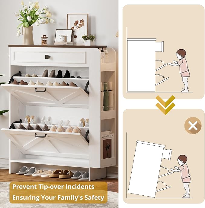 IRONCK Shoe Storage Cabinet with 2 Flip Drawers & Barn Door, White/Walnut | Freestanding Shoe Cabinet Organizer with Drawer and Shelves for Entryway, Farmhouse Shoe Rack Cabinet