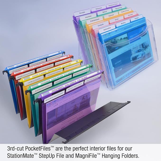 Ultimate Office PocketFile Clear Document Folders, 3rd-Cut, Set of 18 | Clear poly project pockets in 6 assorted colors; letter size; sort, color-code, and protect documents without punching