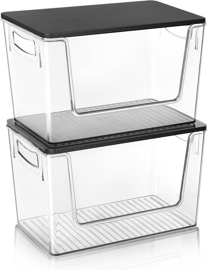 Heyuzb Pantry Organizers Storage, 2 Pack Large Clear Storage Bins with Bamboo Lids for Onion, Potato, Garlic, Canned Food, Organizer Bins for Under Sink, Kitchen, Countertop, Bathroom
