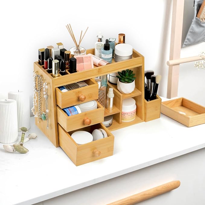 Elsjoy Large Countertop Bamboo Makeup Organizer with 3 Drawers, 12-Grid Lipstick Holder, Jewelry Hanging Hooks, Makeup Brush Holder, Desktop Wood Cosmetic Organizer Stand for Vanity