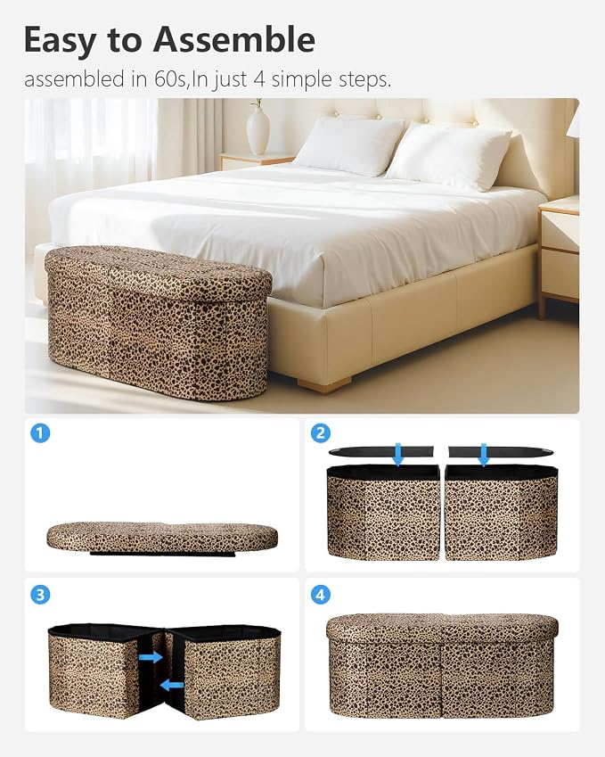 AmasSmile Oval Ottoman Storage Bench, 34" Leather Folding Stool, Leopard | Large Ottoman with Storage, Thicker Foam Padded Seat, Livingroom, Dorm, Bedroom, Entryway, Easy to install, 34 x 13 x 13in