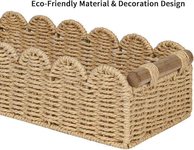 CubesLand Scalloped Toilet Paper Storage Basket W/Handle for Home Decor | Paper Rope Toilet Organizer Basket for Countertop, Over Toilet Shelf, End Table, Living Room Cozy Decorative & More, Beige