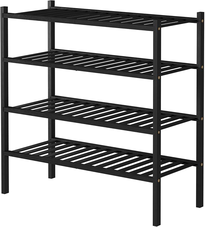 ROMGUAR CRAFT 4 Tier Bamboo Shoe Rack for Closet Free Standing Wood Shoe Shelf for Entryway Small Space Stackable 27"x11"x26" (Black)