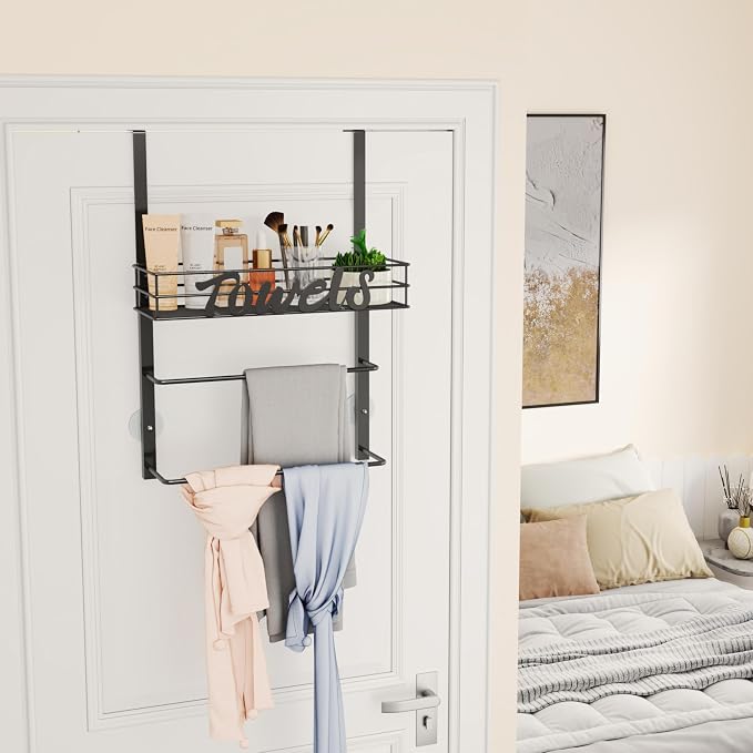 SWTYMIKI Over the Door Towel Racks for Bathroom - 3-Tier Wall Mounted Bathroom Towel Storage Organizer Holder with Metal Shelf, Black