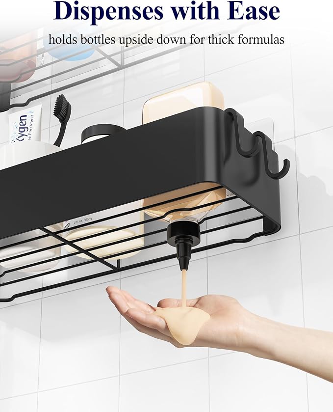 Kitsure Large Shower Caddy - Adhesive 6-Pack Bathroom Shelves, Black | No-Drilling Rustproof Shelves with Soap Holder, Toothbrush Holder, 6 Hooks, Stylish Bathroom Organizers and Storage Solution