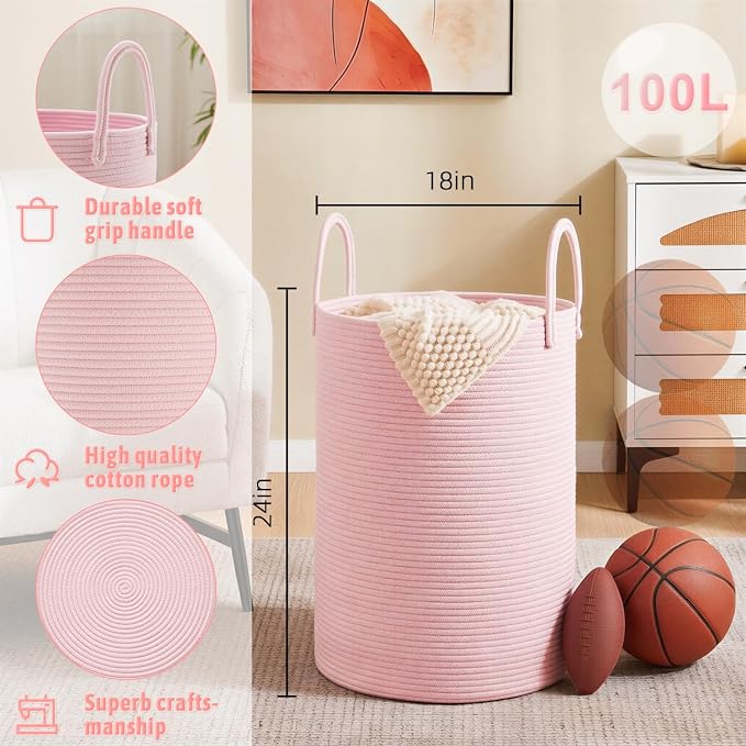 Artfeel Laundry Basket,Woven Cotton Rope Laundry Hamper,100L for Decorative Storage of Dirty Clothes,Toys and Blankets in Bathroom,Baby Room and Living Room