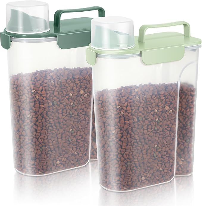 LEAWALK 5-7lbs Dog Cat Storage Container Portable with Upgraded Large Spout and Cup, Plastic Pet Food Dispenser for Small Animal Kibble, Bird Seed,Oatmeal, Rice,Flour, Brown Sugart-Green 2pack
