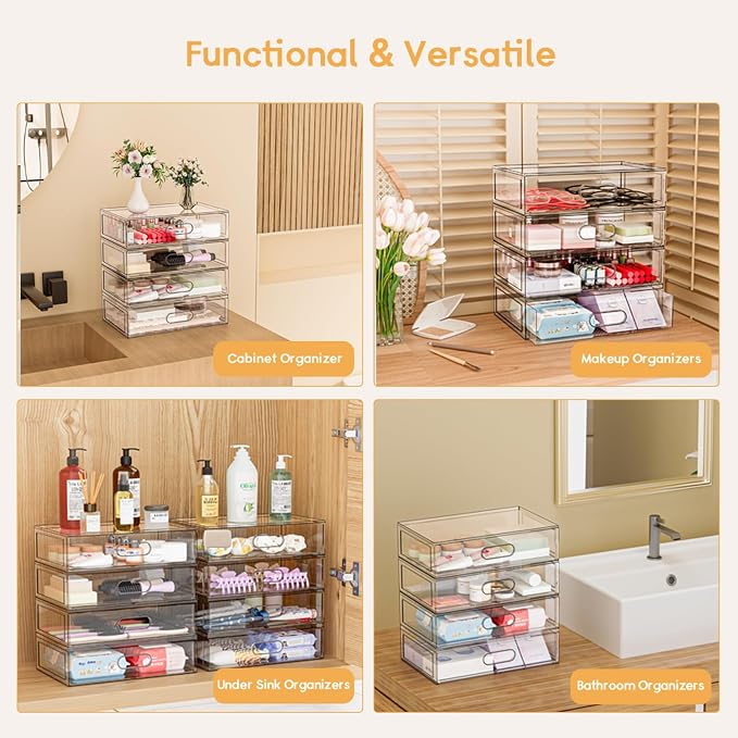 Clear Stackable Makeup Organizer with Drawer, 12''W Acrylic Storage Drawers, Cosmetic Display Case for Vanity Bathroom Countertop, Beauty Holder for Lipstick Brush Skincare Perfume (3 Tier)