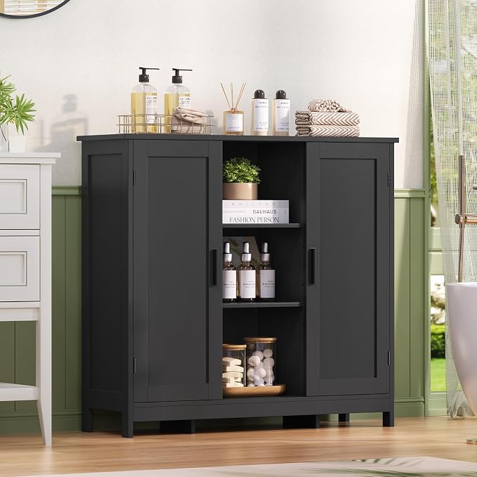 Iwell Storage Cabinet with 2 Doors and 4 Storage Shelves, Bathroom Cabinet, Cupboard for Living Room, Home Office, Entryway, Black