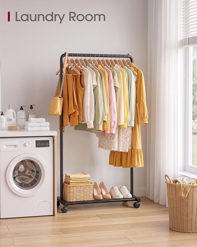 Sakugi Clothes Rack - Clothing Rack with Storage Mesh Shelf & Casters, Heavy-Duty Metal Clothing Rack for Hanging Clothes, Dresses, Coats, Large Load Capacity, Easy Assembly, Black, 28.0"x16.9"x59.0"