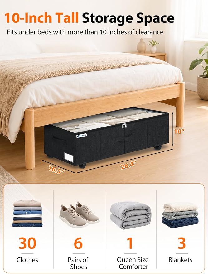punemi 10 inch Tall Under Bed Storage Bins with Wheels, 2-Pack, Black | Clear Lids,360° Wheels,for Clothes, Shoes, Blankets & Bedding, Closet, Shelf & Dorm Organization