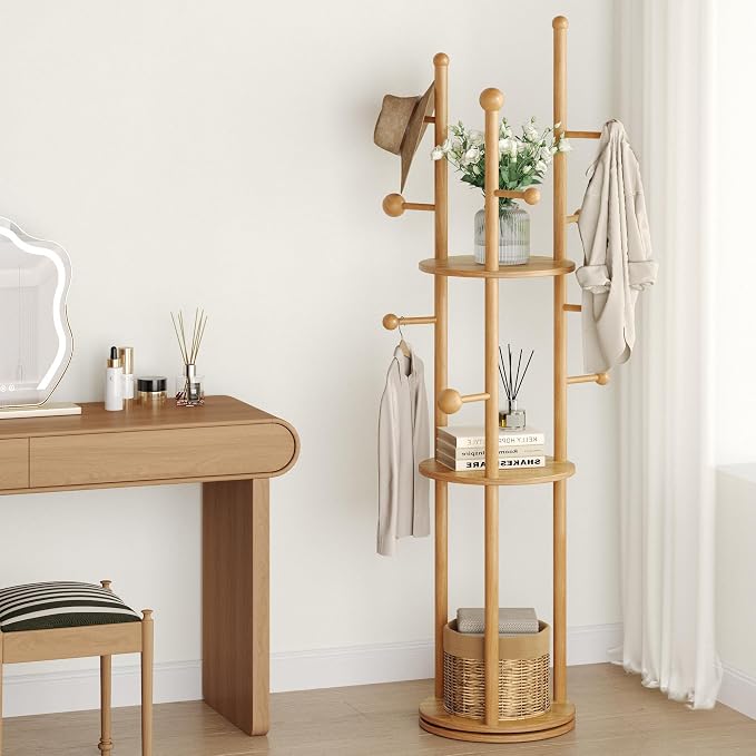 FROMJBEST Coat Rack Freestanding,Coat tree Entryway,Mid-Century,Nature Wood | Freestanding, Solid Wood, 9 Hooks & 3 Shelves, for Entryway, Hallway, Bedroom, Living Room, Office, Holds Bags, Hats, Purses