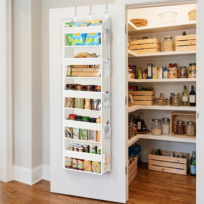 Yecaye 5 Tier Clear Over the Door Organizer Hanging, 5 Large Plastic Pockets and 10 Side Pockets Back of Door Organizer, 56lbs Weight Capacity Behind the Door Storage for Nursery, Ivory White