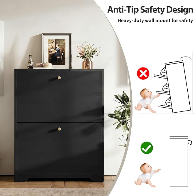 Nicetree Shoe Cabinet with 2 Flip Drawers, Entryway Shoes Organizer, Black | Narrow Shoe Organizer, Freestanding Shoe Rack Cabinet, Modern Shoe Storage Cabinet for Entryway, Hallway, Foyer, With Hook