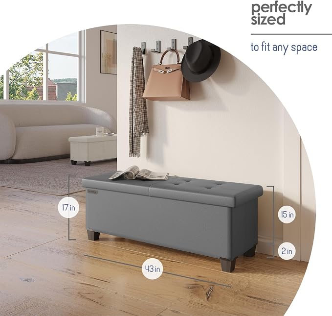 Storage Ottoman Bench with Bins, 43-in Storage Bench for Bedroom End of Bed, Folding Foot Rest Ottoman for Living Room Max 660lbs, Faux Leather Ottomans, Grey