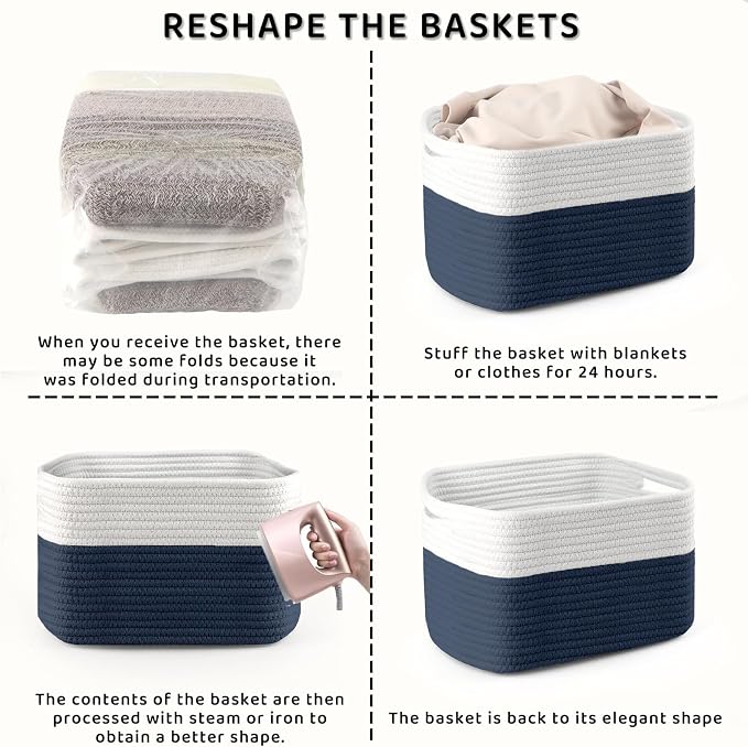 4 Pack Storage Baskets for Organizing, 11''Lx9''Wx8''H Woven Baskets for Storage Toys, Towels, Books, and Clothes, Cotton Rope Basket for Shelves with Handle