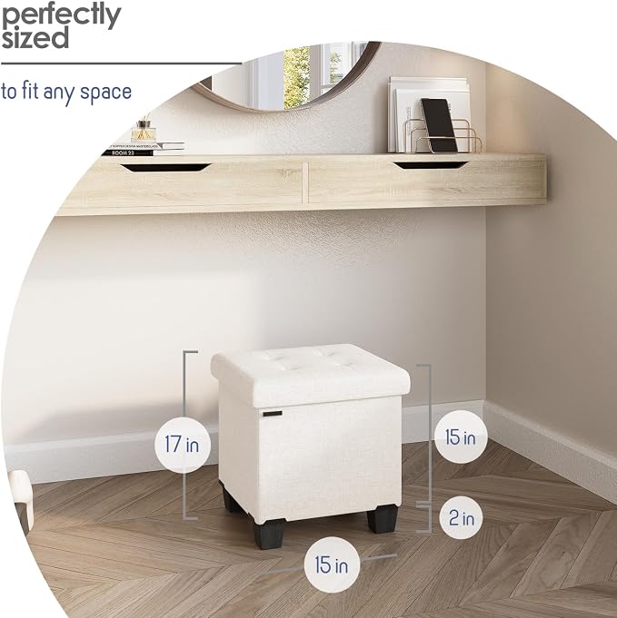 Storage Ottoman Cube with Small Bin, 15-in Square Ottoman with Storage for Living Room and Bedroom, Small Ottomans Foot Rest, Fabric Foot Stools Ottomans Max 330lbs, Cream