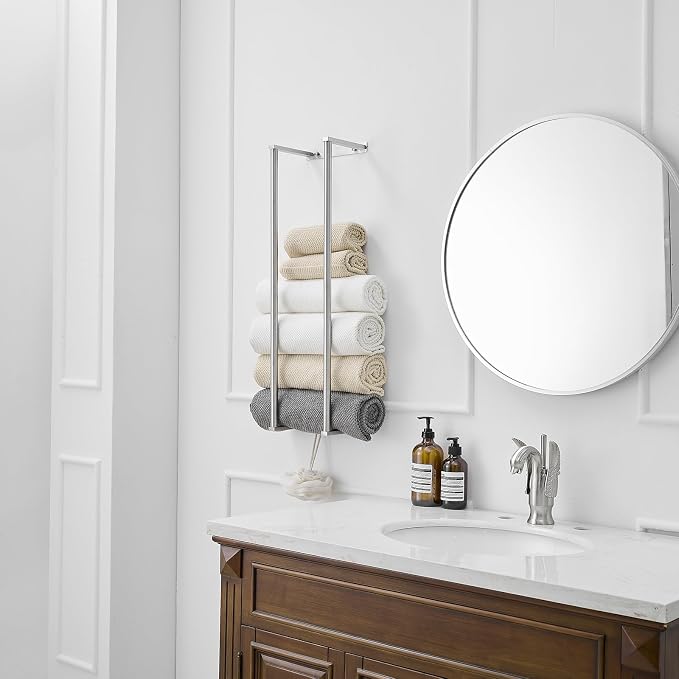 BWE Brushed Nickel Towel Rack Bathroom 28" Towel Holder for Rolled Towels | Stainless Steel Wall Mounted Towel Storage for Bathroom with 2 Hooks, 6 Large Bath Towels Capacity