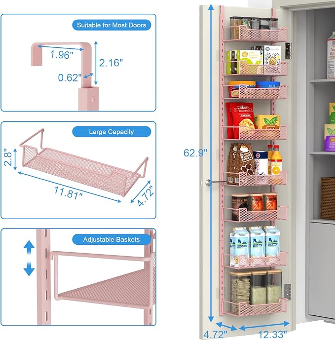 VyGrow 12.3" W Narrow Over the Door Pantry Organizer, 8-Tier Over the Door Organizer with Adjustable Basket, Pantry Door Organization for Pantry Kitchen Storage Room Spice Rack, Pink