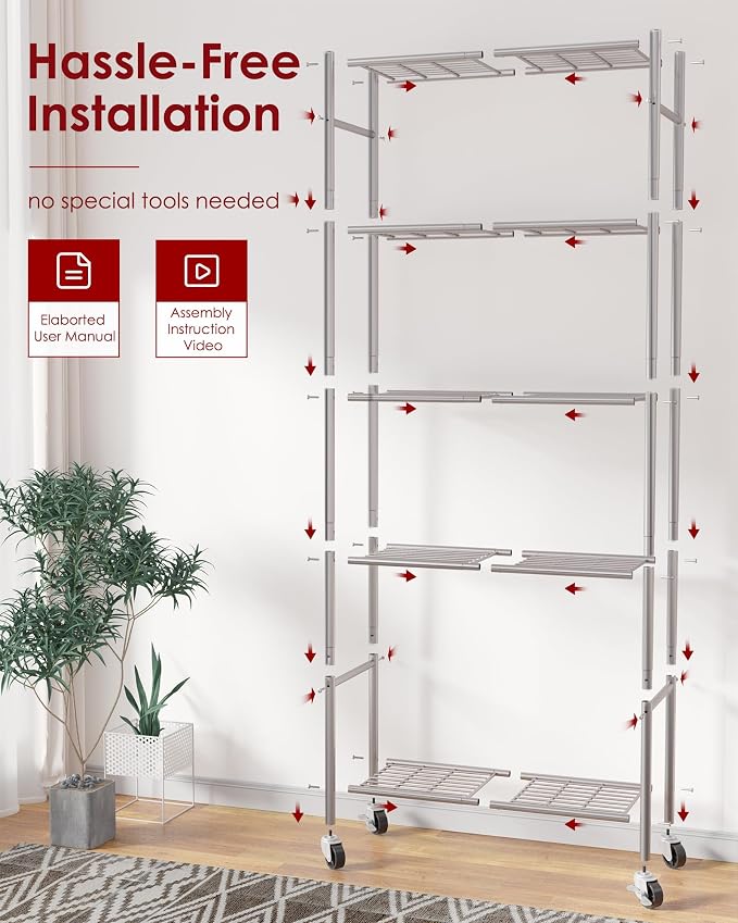 Sakugi 5-Tier Storage Shelves 33.1" x12.6' x73.5 Silver with Wheels | Kitchen, Closet, Pantry, Garage, Heavy Duty, Adjustable Feet, Metal Construction