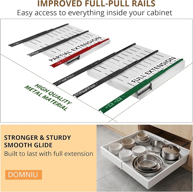 DOMNIU 2 Pack Pull Out Cabinet Organizers Width(12"-19"), Depth(17"-23") | Slide Out Drawers, Upgrade 3 Slide Rails Sliding Drawer for Kitchen Cabinet Organizer, White