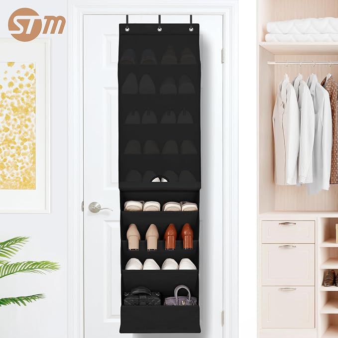 STORAGE MANIAC Over the Door Shoe Organizer with Curtain Dustproof Heavy-Duty Large Deep Pocket Hanging Shoe Organizer for Closet Dorm & Narrow Door Storage Shoe Holder Shoe Rack, 9-Shelf Black 1 Pack