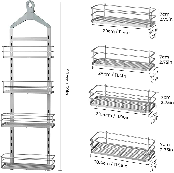 ODesign 4 Tier Adjustable Shower Caddy Hanging Over Showerhead Silver | Shower organizer hanging,no drilling required,comes with removable hook and storage box, suitable for indoor showers