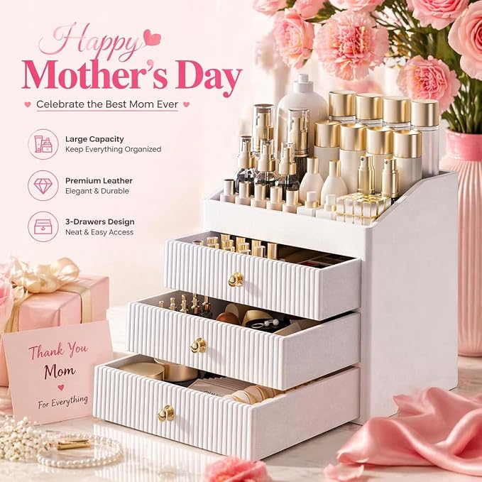 LADSTAG Vanity Organizers,Luxury Skincare Organizer with 3 Tier Drawers,Beige White Large Capacity Cosmetic Organizer Countertop for Makeup Brush,Dresser,Bedroom,Bathroom,Mom Gifts,Mom Birthday Gifts